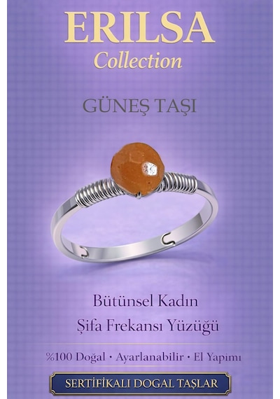 Sertifikalı Bütünsel Kadın  Yüzüğü Güneş Taşı Ayarlanabil Çok Renkli