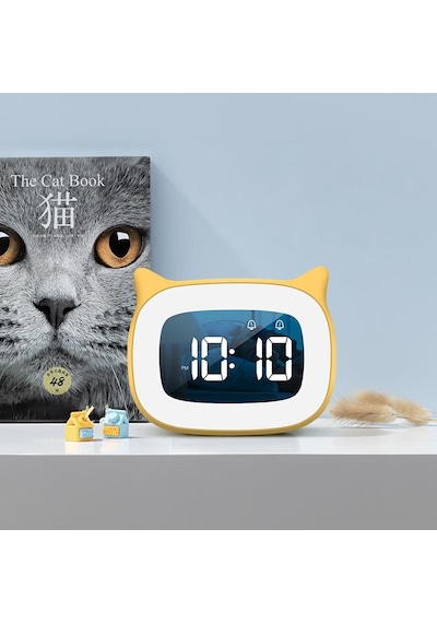 Valkyrie Çok Şirin Kedi Masaüstü Saat Şarjlı Led Işıklı Sevimli Saat Sarı