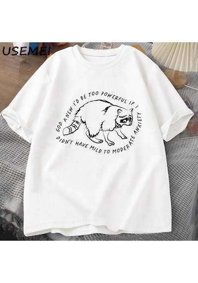 Flood Of Style Tanrı Biliyor Çok Güçlü Olur Rakun Tişörtleri Komik T-shirt Hayvan Baskılı T-shir Beyaz