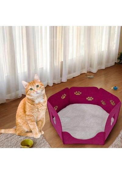 Kedi Yatağı Yuvası Evi Minderli Taşınabilir 3 Mm Keçe Altıgen Tasarım Yuva+minder Fuşya