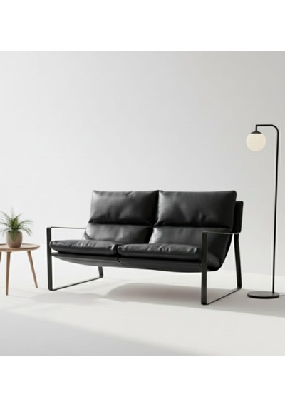 Sller Modern İkili Koltuk - Loft Tasarım Deri/kumaş Bahçe Ve Balkon Kanepesi - Metal İskeletli 130 Cm Siyah