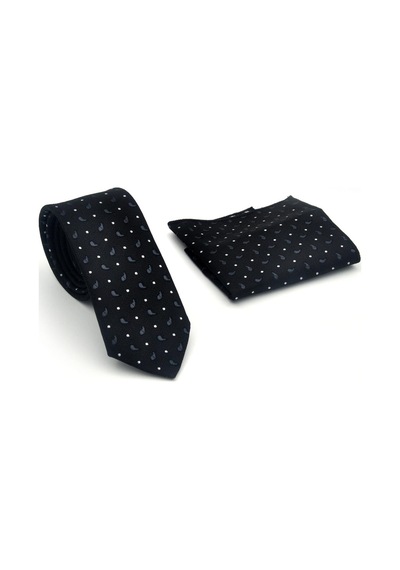 Gaffy Beyaz Füme Desenli Siyah Dokuma Kumaş Mendilli Slim Fit Kravat // Sdk-2612-1 Siyah
