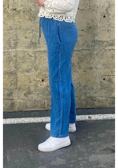 Mia Butik Kadın Mavi Keten Pantolon Mavi