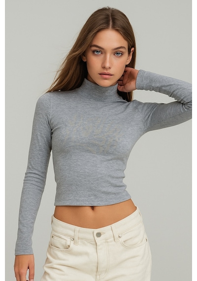 Rich Kadın Gri Melanj Yarım Balıkçı Yaka Uzun Kollu Crop Bluz Gri Melanj