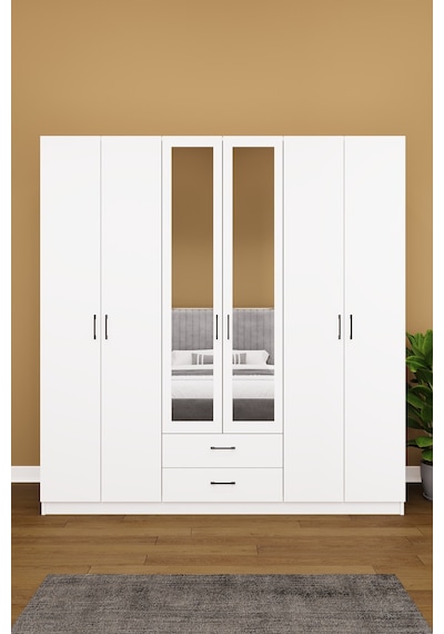 Asra Trend 6 Kapaklı Gardırop G-05 %100 MDF 2 Çekmeceli Aynalı Elbise Dolabı Beyaz