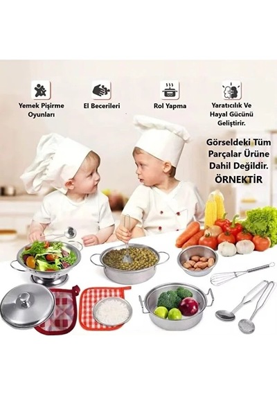 11 Parça Metal Paslanmaz Çelik Oyuncak Tencere Tava Mutfak Tabak Kaşık Seti