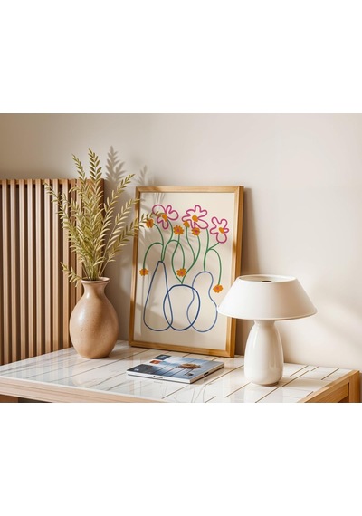 Ahşap Çerçeveli Renkli Çiçek Çizgi Sanatı Poster Minimal Line Art Duvar Dekoru Ahşap Çerçeveli 21 X 30