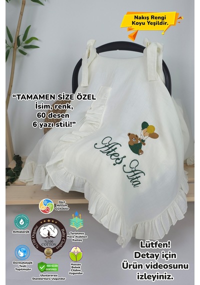 Gros Shop Müslin Yeni Doğan 4katlı Organik %100pamuk Kişiye Özgü Nakışlı Hastane Çıkış Seti-yeşil Ayıcık Balon Ekru