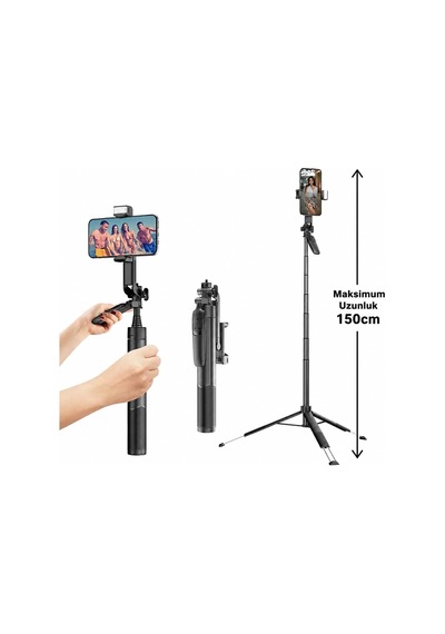 150 Cm Selfie Çubuğu Tripod, Led Işıklı, Bluetooth Uzaktan Kumandalı, 360 Dönebilen Telefon Tutucu, Katlanabili Genel