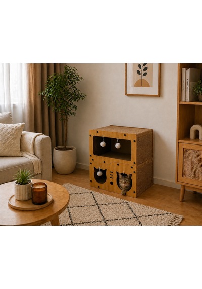 Pureza Ahşap Kedi Evi & Karton Tırmalama Alanı