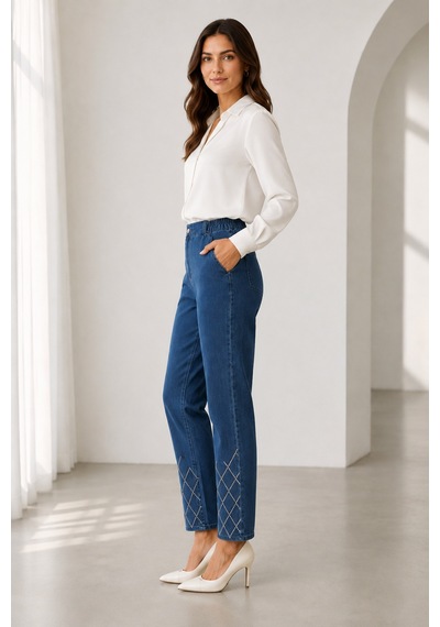 Bihan Store Kadın Paçası Işıltılı Nakış Detaylı Yüksek Bel Denim Pantolon Y26-1505-mavi