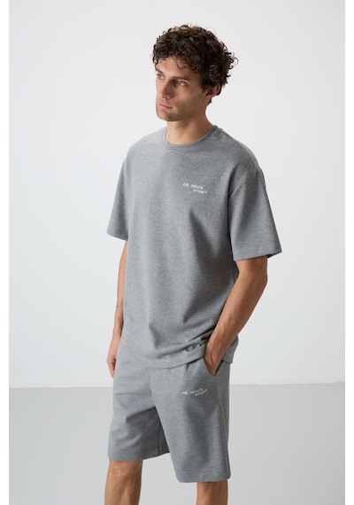 Gri Melanj Pamuklu Kalın Yumuşak Dokulu Oversize Fit Nakışlı Erkek Şort Takım - 85250 GRİ MELANJ
