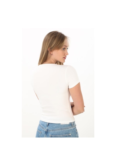 V Yaka Slim Fit Crop Tişört-ekru Ekru