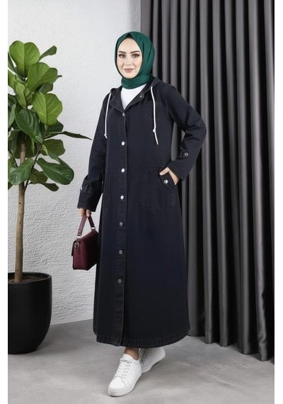 Hb Harma Time Butik Kadın Cepli Düğmeli Kapüşonlu Denim Siyah Trençkot