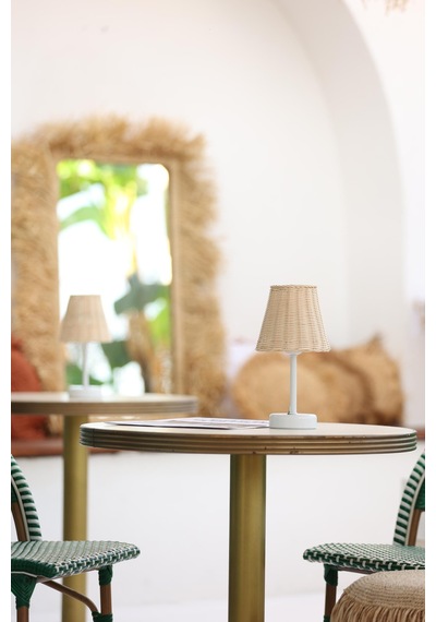 Rattan & Bambu Kablosuz Pilli Abajur Masa Lambası - Alt Uzun Beyaz Beyaz