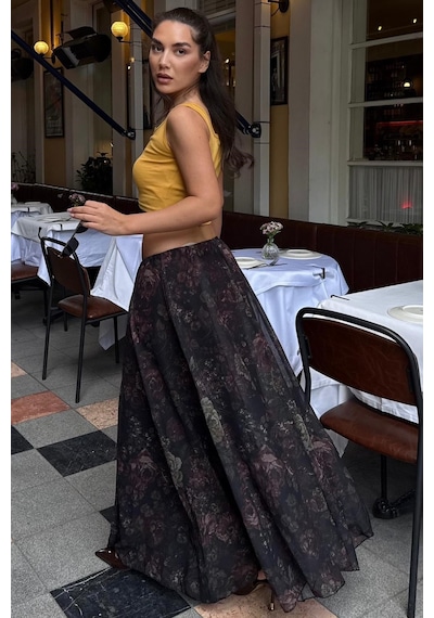 Madmext Siyah Çiçek Desenli Vintage Şifon Maxi Etek Mg2776