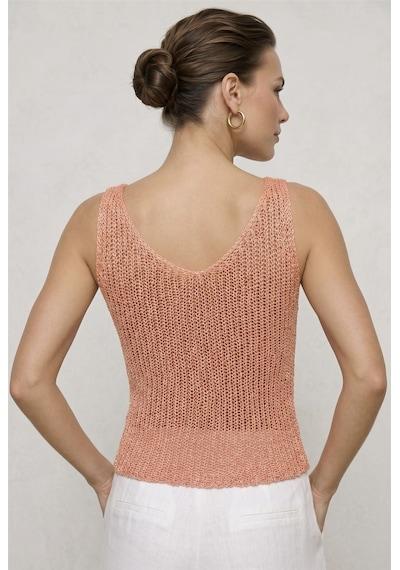 Neden Tekstil Twist Knot Detaylı Premium Kadın Triko Bluz V Yaka Örgü Dokulu Şık Crop Tasarım - Somon