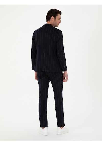 Cacharel Koyu Lacivert Slim Fit Yün Karışımlı Çizgili Pantolon