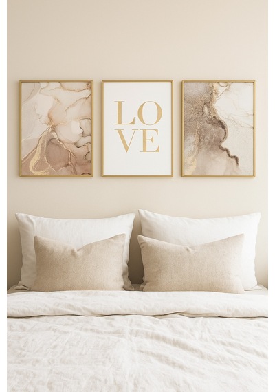 Altın Aşk Abstract Set - Gerçek Cama Baskı Gold Alüminyum Metal Çerçeveli 3'lü Modern Tablo