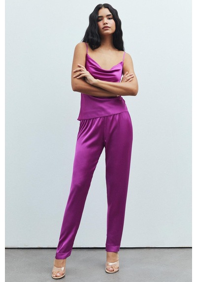 Brûleur Fuşya Degaje Yaka Askılı Uzun Saten Pijama Takımı Fuşya