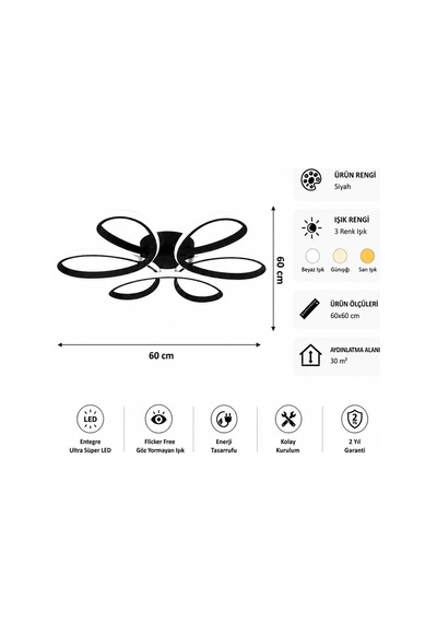AvizeGO Niva Led Plafonyer Avize 3 Renk Kumandalı Siyah
