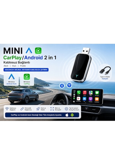 Kenly Kablosuz Apple Carplay Adaptörü 2'si 1 Arada Wireless Usb Type-c Otg Dönüştürücü