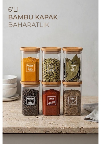 6'lı Bambu Görünümlü Etiketli Sızdırmaz Kapaklı Baharatlık Seti 350 Ml Diğer