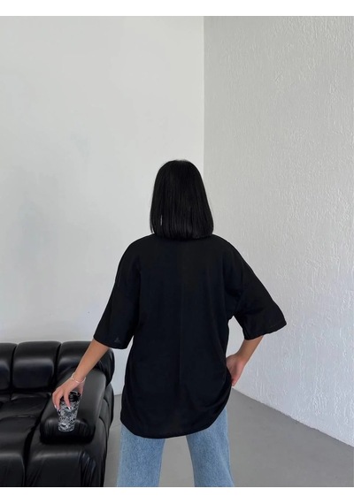 Kadın Düz T-shirt Kısa Kol Bisiklet Yaka Oversize Tişört - Siyah