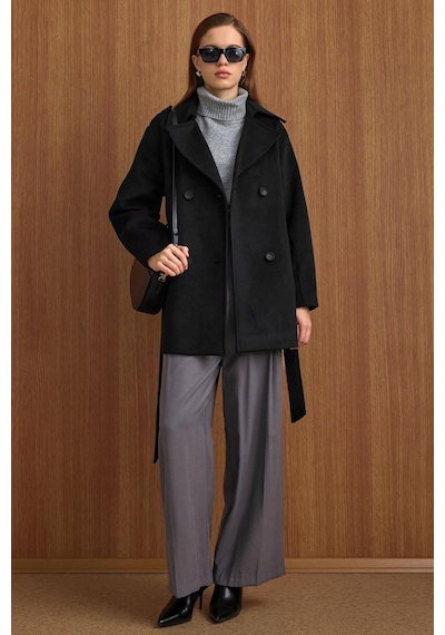 Olcay Apolet Detaylı Oversize Kısa Kaban Siyah 3149