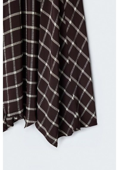 Sateen Uzun Ekose Etek - Kahve-137708