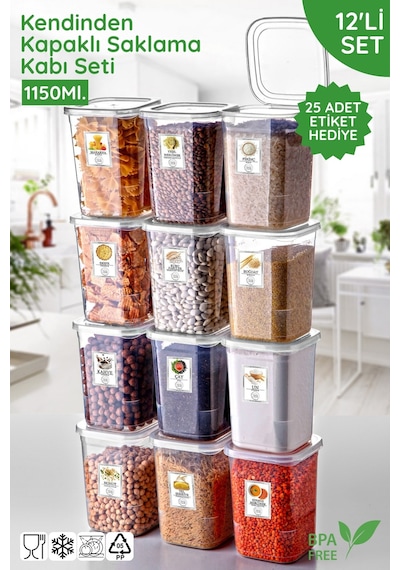 Etiket Hediyeli 12'li Set Kendinden Kapaklı 1150ml. Kare Saklama Kabı - Mikrodalga Ve Difrize Uygun Beyaz