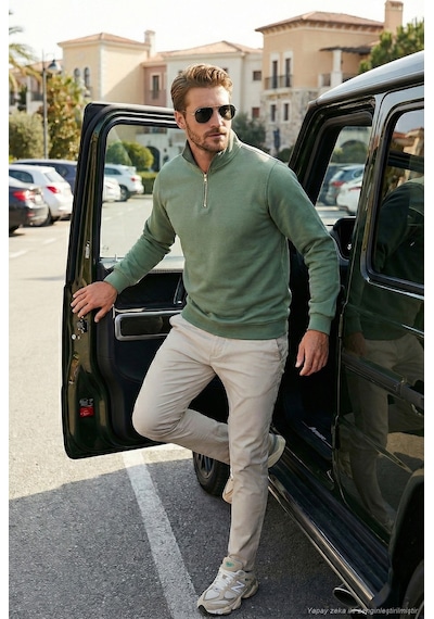 Buratti Pamuklu Regular Fit Yarım Fermuarlı Dik Yaka Erkek Sweat 59052592 Elma Yeşili