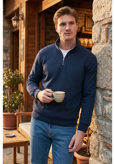 Buratti Pamuklu Regular Fit Yarım Fermuarlı Dik Yaka Erkek Sweat 59052592 Koyu Lacivert
