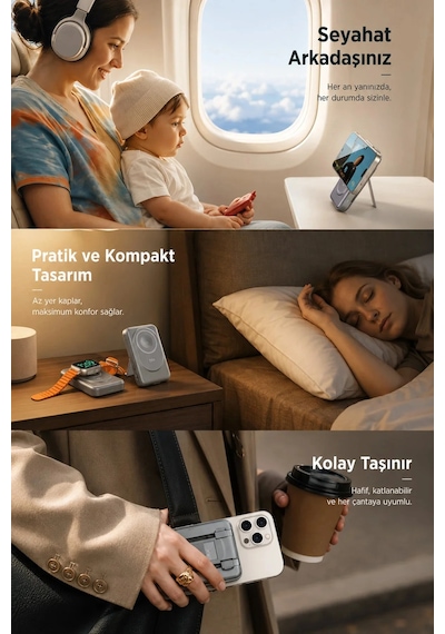 Diğer - Beyaz - Kablosuz Magsafe Powerbank 10000 Mah 20w Hızlı Şarj 15w Standlı Apple iPhone Uyumlu 12-13-14-15-16-17