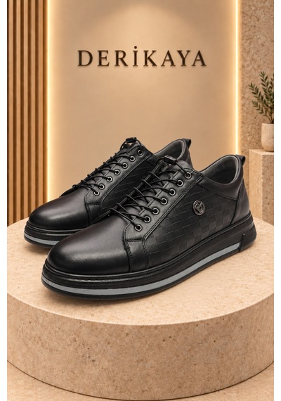 Deri Kaya Erkek Logo Detaylı Bağcıklı Günlük Sneaker Spor Ayakkabı Siyah