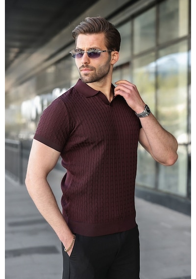 Madmext Mürdüm Slim Fit Polo Yaka Triko Erkek Tişört E7472