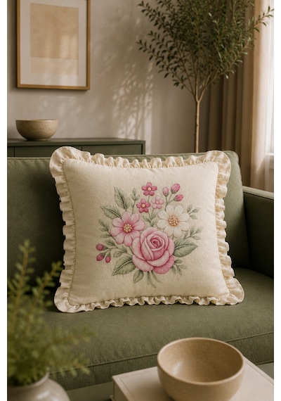 Fırfırlı Çiçek Desenli Dekoratif Kırlent Kılıfı %100 Pamuk Organik Boya Baskılı 45x45 Cm Bej