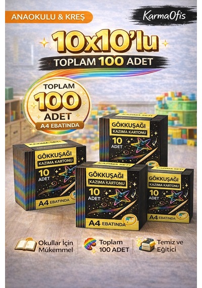 10x10 Lu Gökkuşağı Kazıma Kartonu Seti 100 Adet A4 Kreş Anaokulu Etkinlik Seti