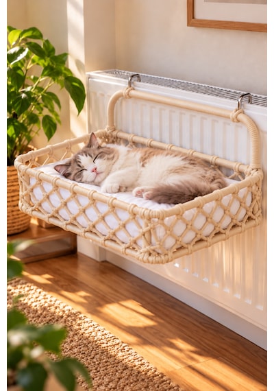 Reyo Tasaryum 48x35 Cm Kedi Köpek Kalorifer Yatağı, Radyatöre Asılan Kedi Hamağı, Puf Minderli El Yapımı Evcil Hayvan Yatağı Krem