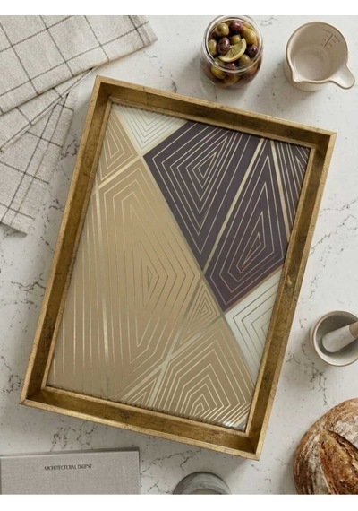 Modern Geometrik Desenli Gold Çerceveli Dekoratif Sunum Tepsisi