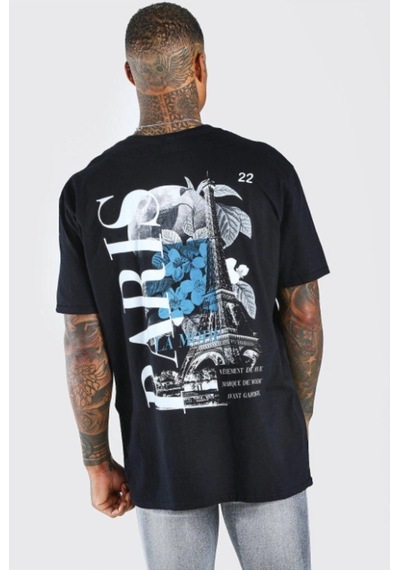 Startmore Siyah Paris Baskılı Oversize Bisiklet Yaka T-shirt Siyah