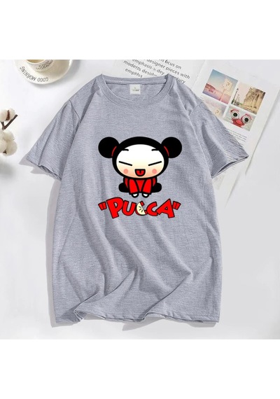 Flood Of Style Komik Karikatür Pucca Çin Bebek T-shirt Erkekler Kadınlar Sevimli Grafik T Shirt Pamuk Kısa K Gri