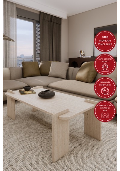 Odaco Fuji Modern Premium Oval Ayaklı %100 Mdflam Salon Orta Sehpa 120x60x40 Cm Traverten