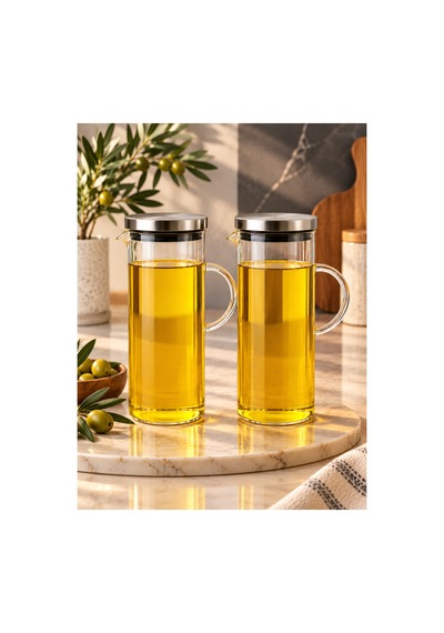 2 Li Metal Vakumlu Kapaklı 1500 Ml Cam Yağdanlık Yağlık Set Gri Gri