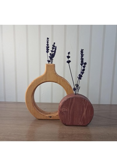 El Yapımı Ahşap Vazo Seti, Doğal Çam Ve Kırmızı Renkli, 18cm Halka Ve 12cm Yuvarlak, 2 Parça, Çiçek Aranjman Çok Renkli