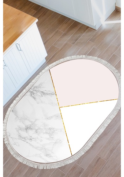 Kaymaz Dijital Mutfak & Salon Halı Trend Saçaklı Oval Geometrik E5008 Beyaz
