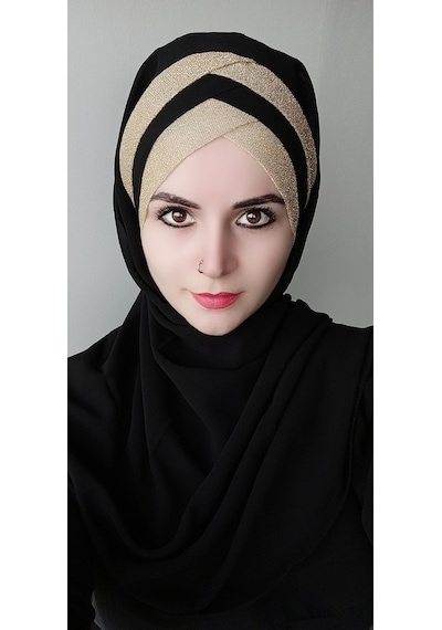 Kadın Tesettür Üç Bantlı Simli Hazır Trend Şal Siyaha Gold Simli Altın