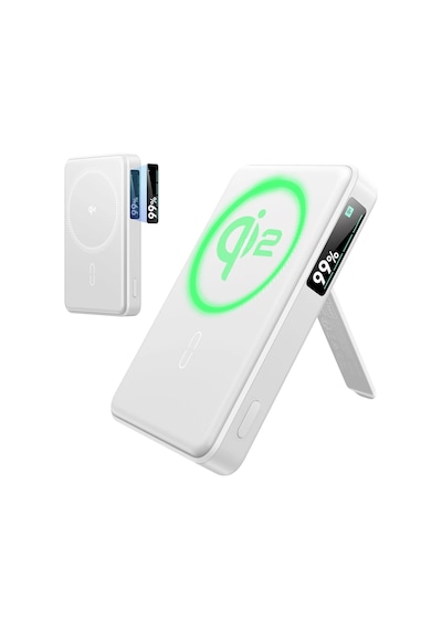 10000 Mah Taşınabilir Şarj Cihazı Qi2 Kickstand Magsafe Dijital Gösterge Standlı Powerbank Beyaz BEYAZ
