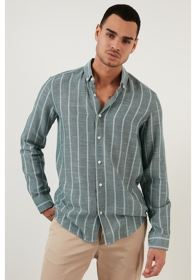Buratti Pamuklu Çizgili Regular Fit Düğmeli Yaka Erkek Gömlek Cf21S112480 Haki-Beyaz