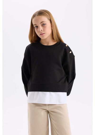 DeFacto Kız Çocuk Relax Fit Bisiklet Yaka Etek Ucu Detaylı Sweatshirt D0703A824AUBK81 Siyah